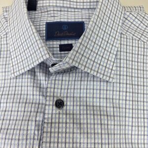 David Donahue Mens Trim Fit Dress Shirt Blue White Grid Check Cotton 17 32/33